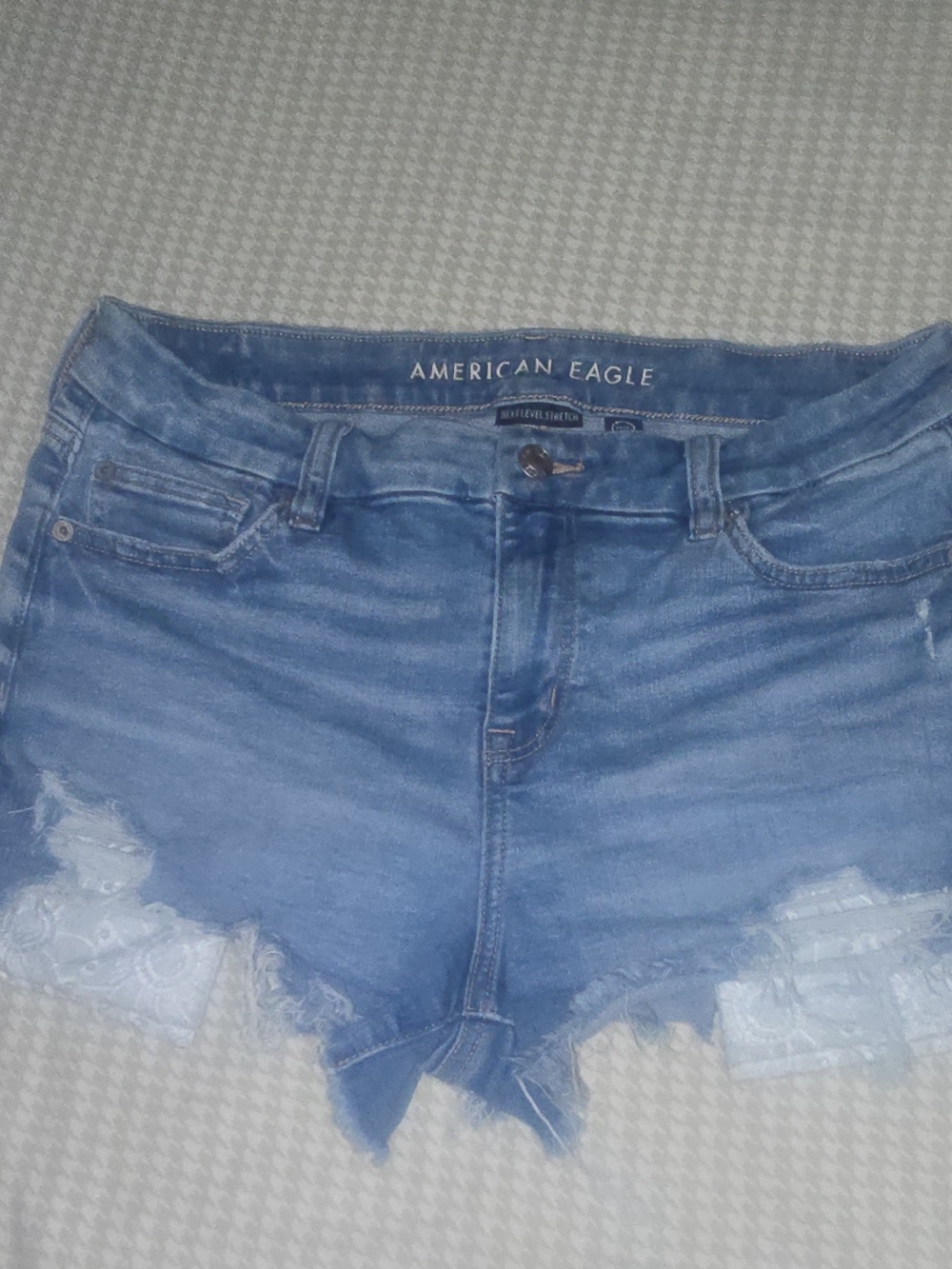 American Eagle Outfitters Blue Distressed Lace-Trim Jean Shorts